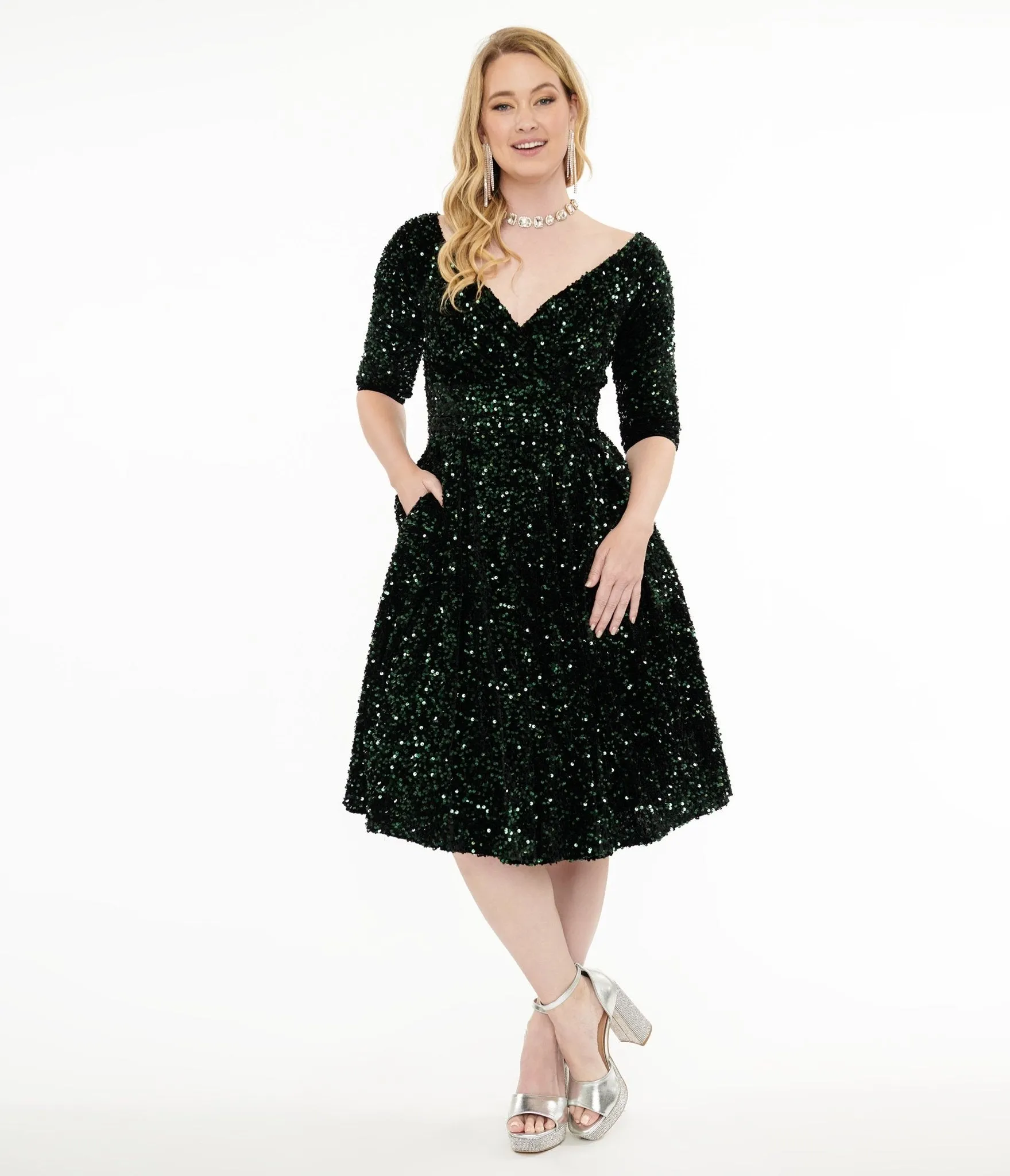 Unique Vintage 1950s Green Velvet Sequin Marceline Swing Dress sold by Unique Vintage product image thumbnail 3