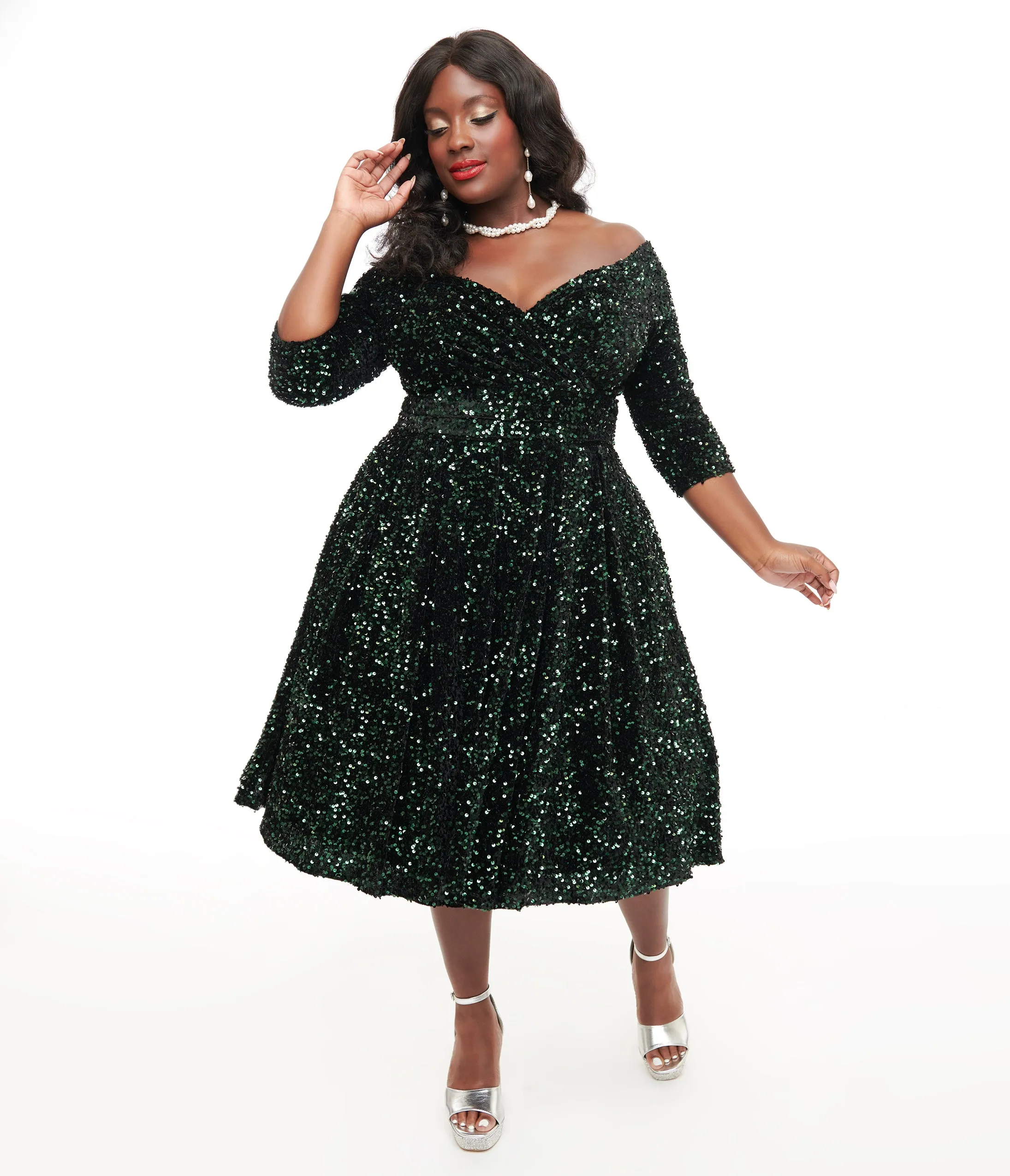 Unique Vintage Plus Size 1950s Green Velvet Sequin Marceline Swing Dress sold by Unique Vintage