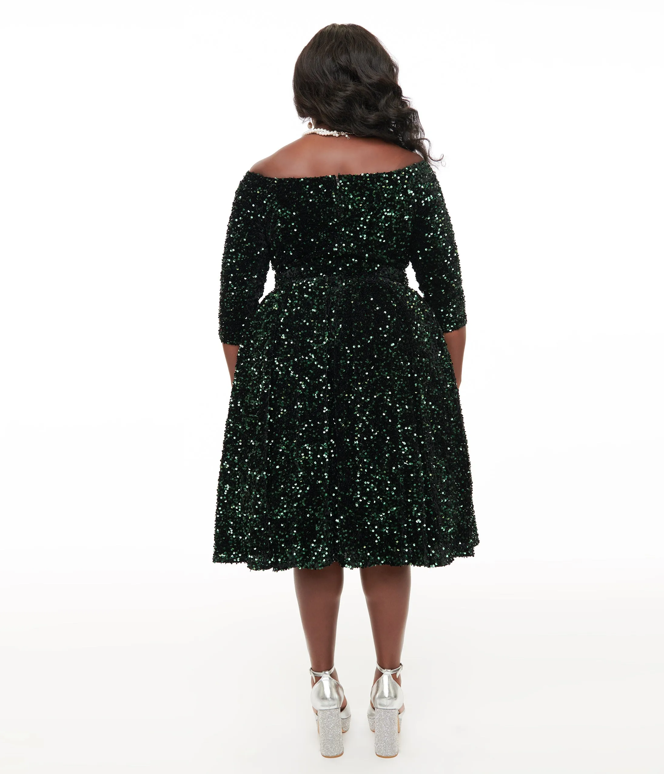 Unique Vintage Plus Size 1950s Green Velvet Sequin Marceline Swing Dress sold by Unique Vintage product image thumbnail 2