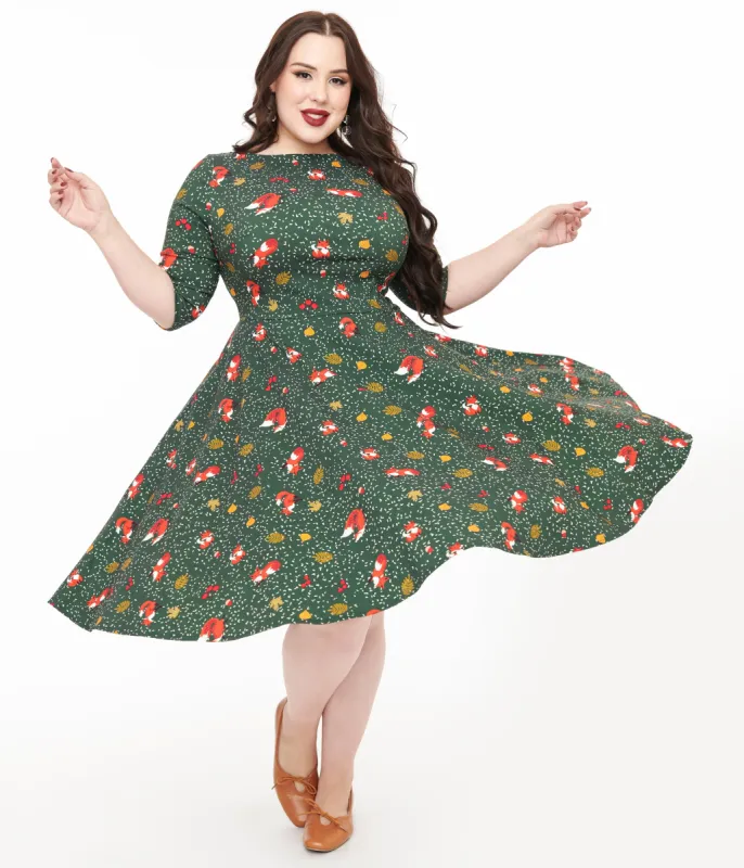 Unique Vintage Plus Size 1950s Green Winter Fox Devon Swing Dress sold by Unique Vintage