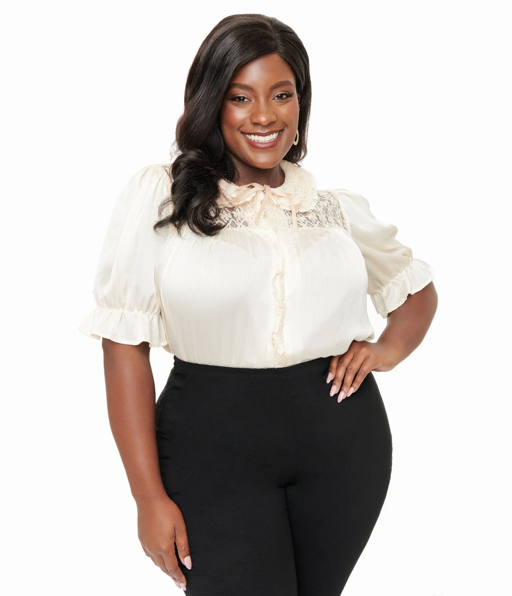 Smak Parlour Plus Size 1960s Ivory Lace Puff Sleeve Blouse sold by Unique Vintage