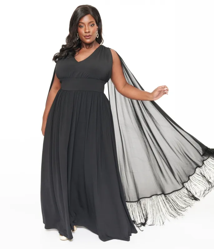 Smak Parlour Plus Size 1970s Black Fringe Cape Maxi Dress sold by Unique Vintage