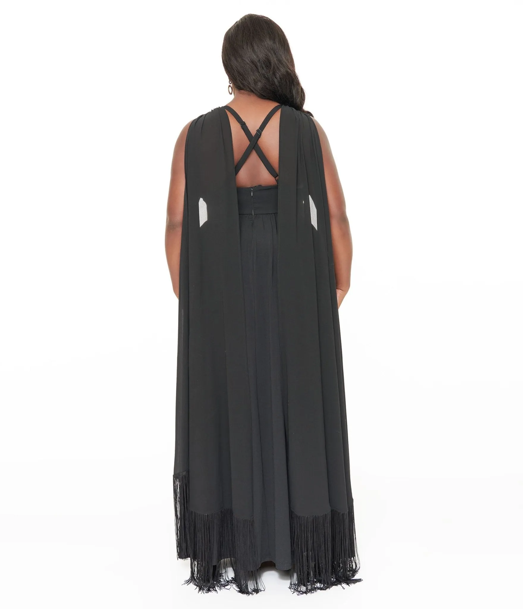 Smak Parlour Plus Size 1970s Black Fringe Cape Maxi Dress sold by Unique Vintage product image thumbnail 2