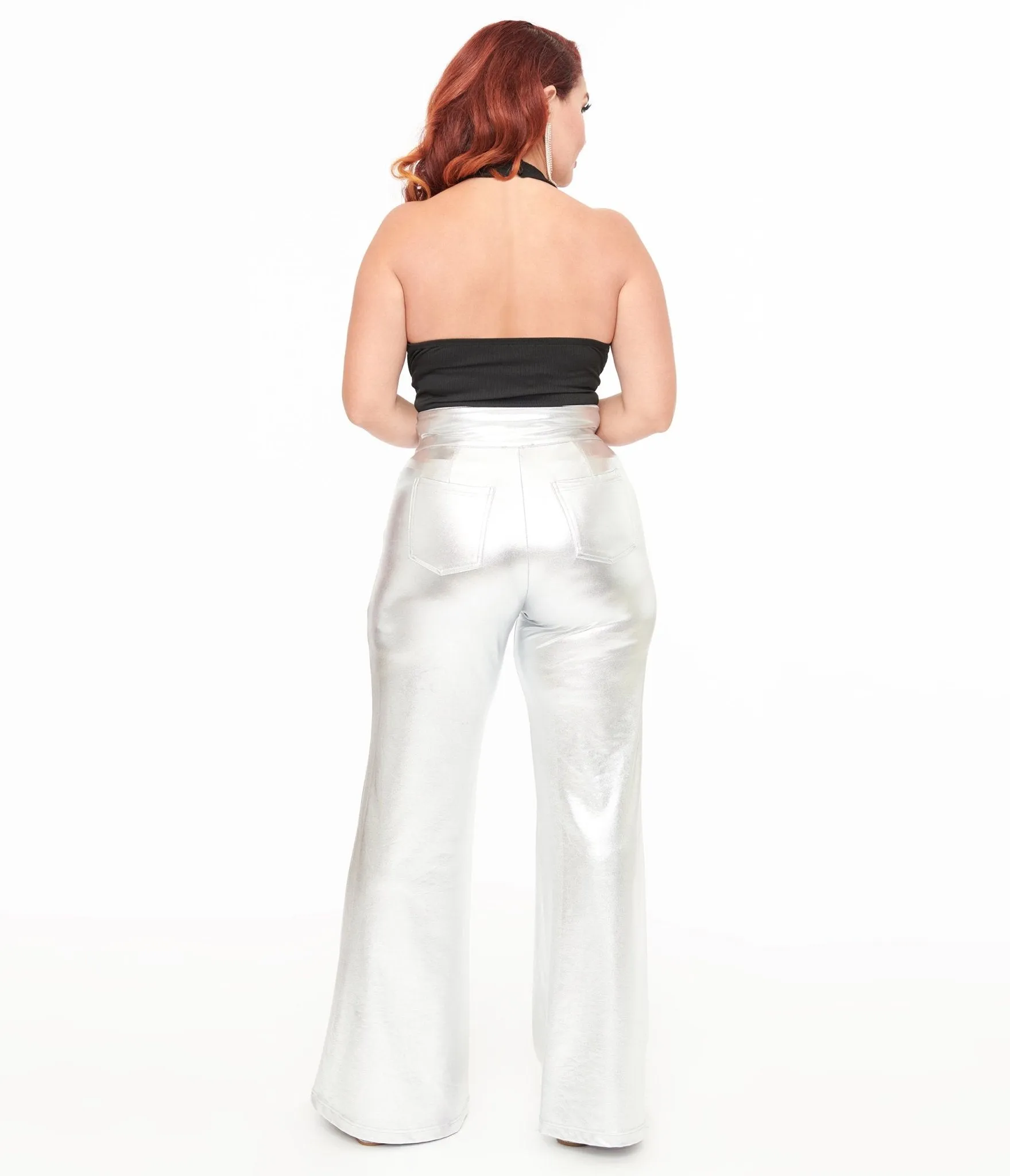 Smak Parlour 1960s Metallic Silver High Waist Flare Pants sold by Unique Vintage product image thumbnail 3