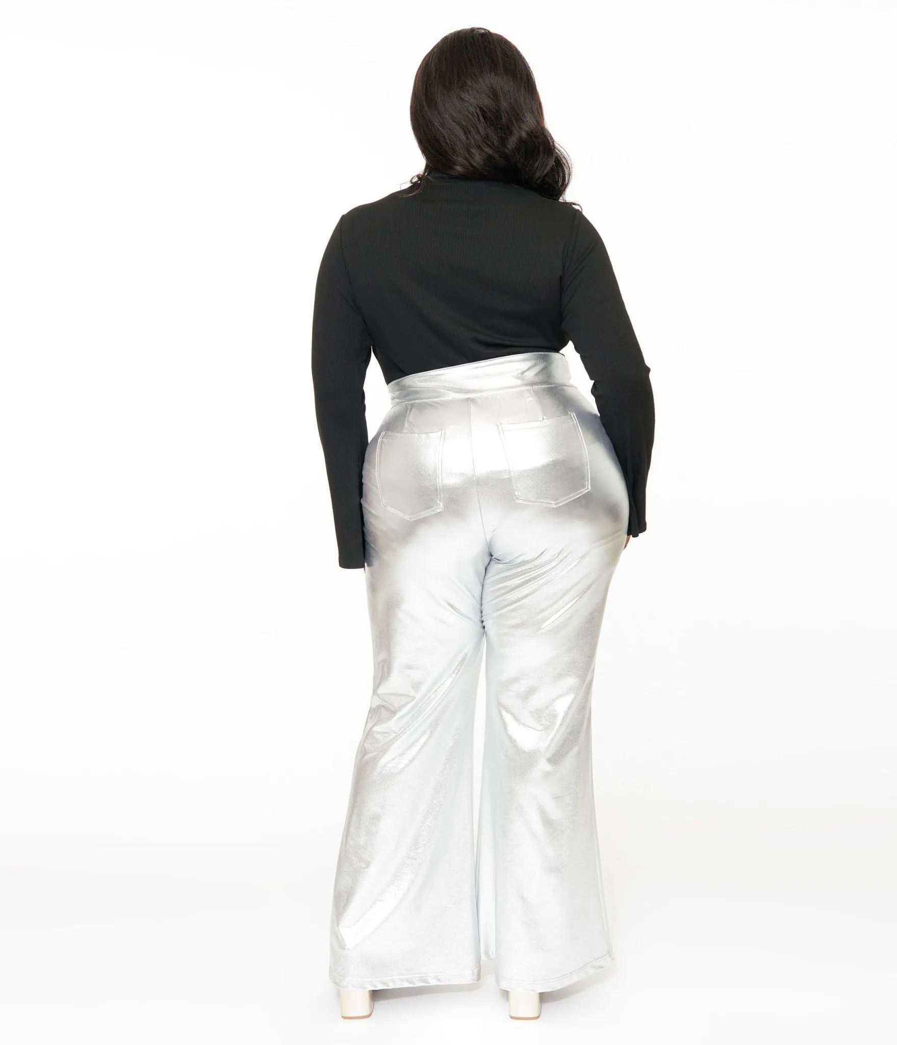Smak Parlour Plus Size 1960s Metallic Silver High Waist Flare Pants sold by Unique Vintage product image thumbnail 3