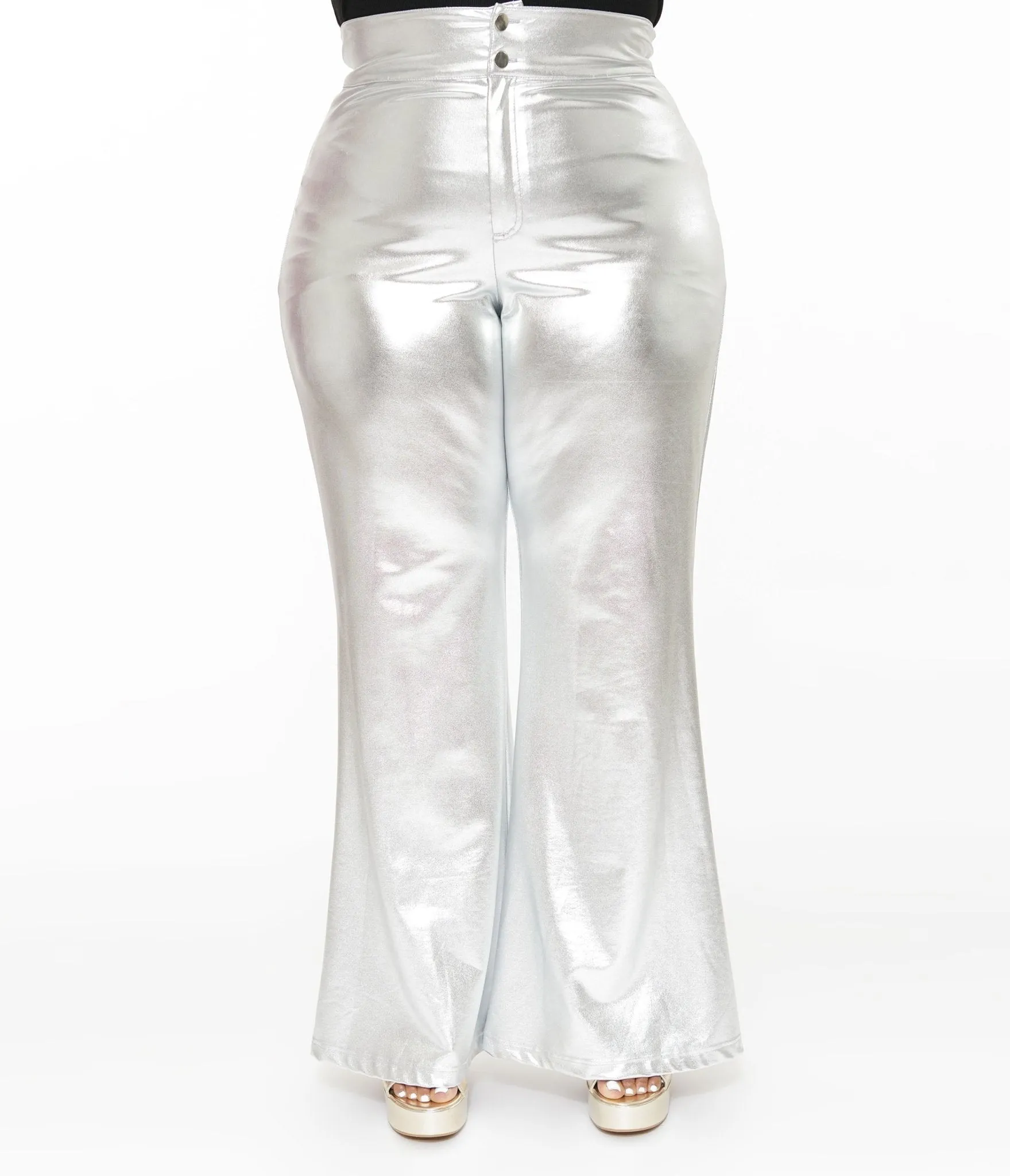 Smak Parlour Plus Size 1960s Metallic Silver High Waist Flare Pants sold by Unique Vintage product image thumbnail 2