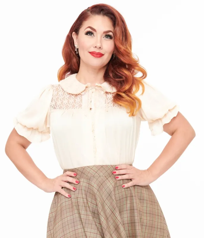 Smak Parlour 1960s Ivory Lace Puff Sleeve Blouse sold by Unique Vintage