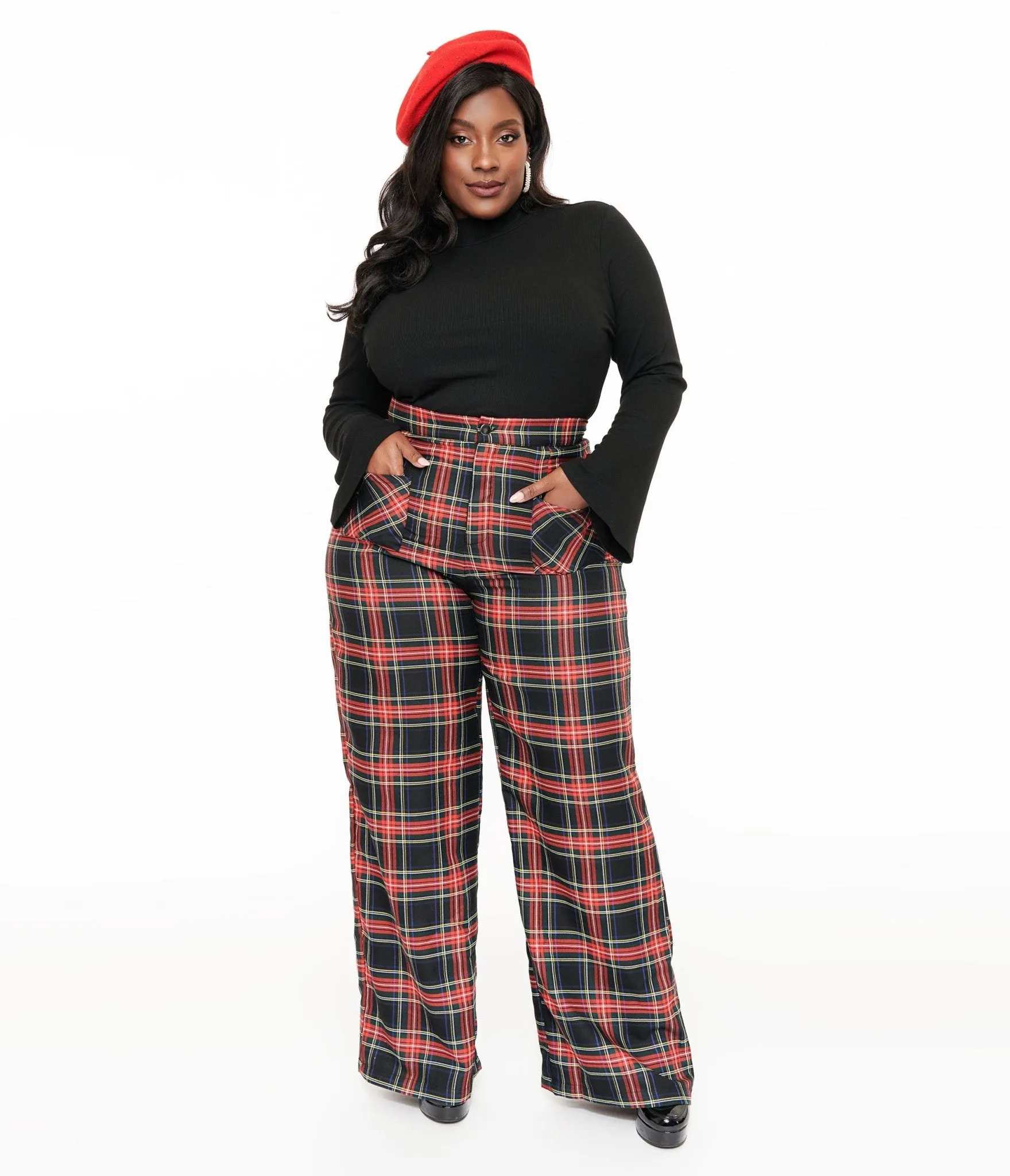 Smak Parlour Plus Size 1960s Black & Red Plaid Wide Leg Trousers sold by Unique Vintage