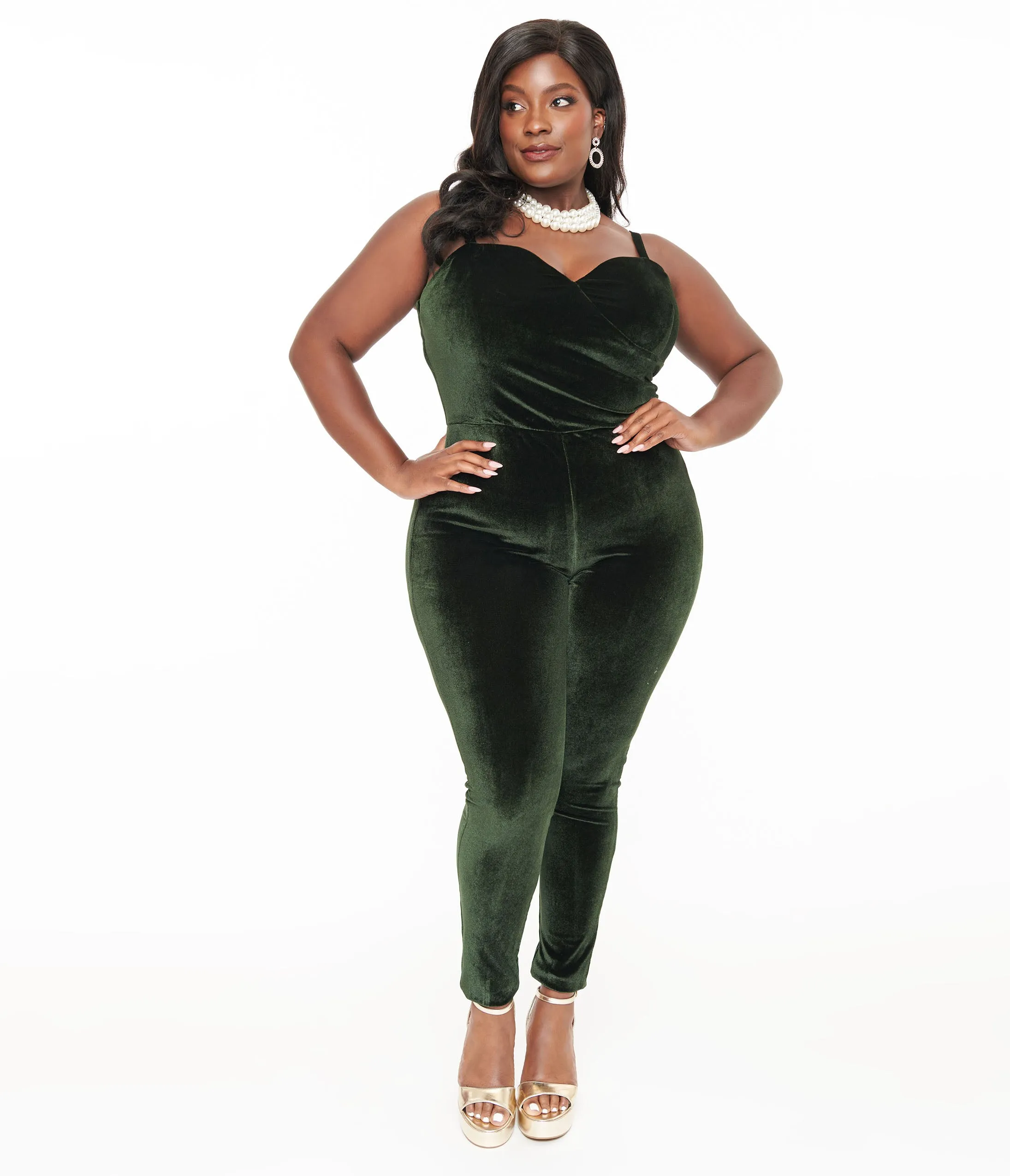 Unique Vintage Plus Size 1970s Dark Green Velvet Jumpsuit sold by Unique Vintage