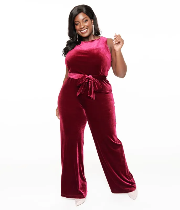 Unique Vintage Plus Size 1950s Merlot Velvet Boat Neck Jumpsuit sold by Unique Vintage