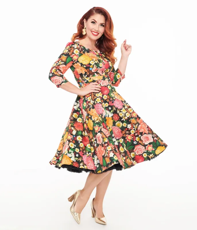 Black Floral Cassidy Swing Dress sold by Unique Vintage