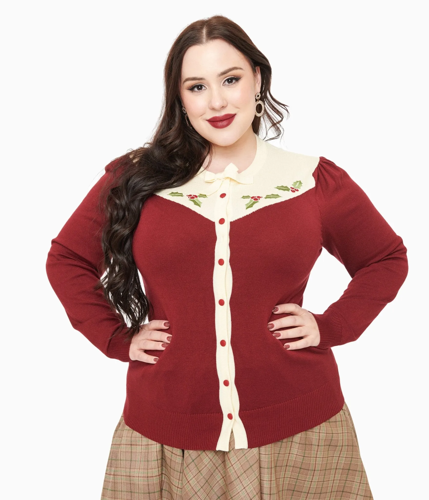 Smak Parlour Plus Size 1960s Burgundy & Ivory Mistletoe Cardigan sold by Unique Vintage product image thumbnail 3