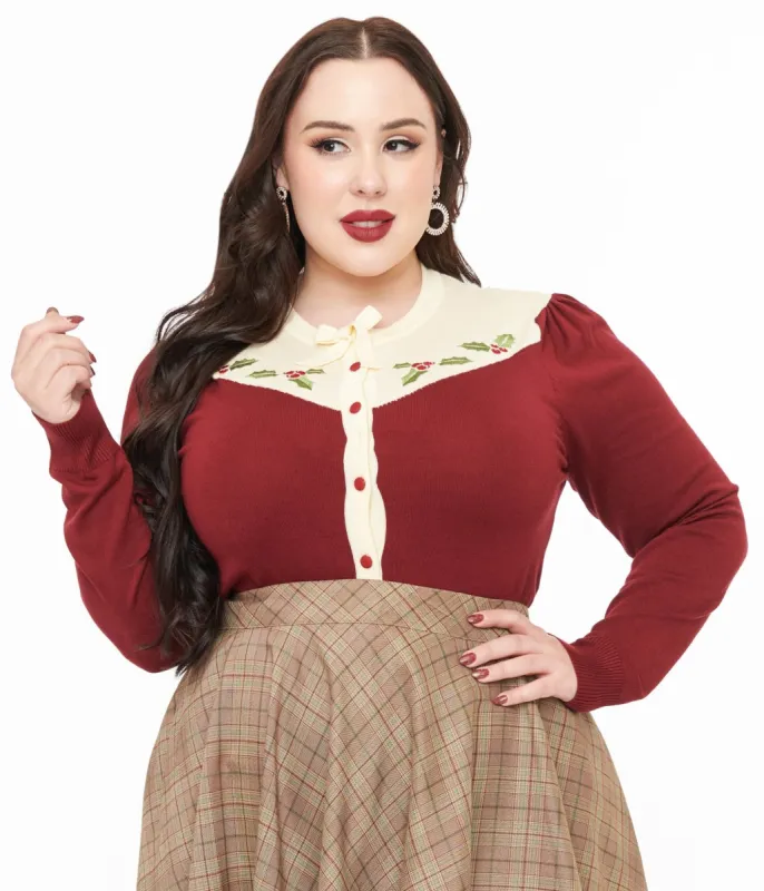 Smak Parlour Plus Size 1960s Burgundy & Ivory Mistletoe Cardigan sold by Unique Vintage