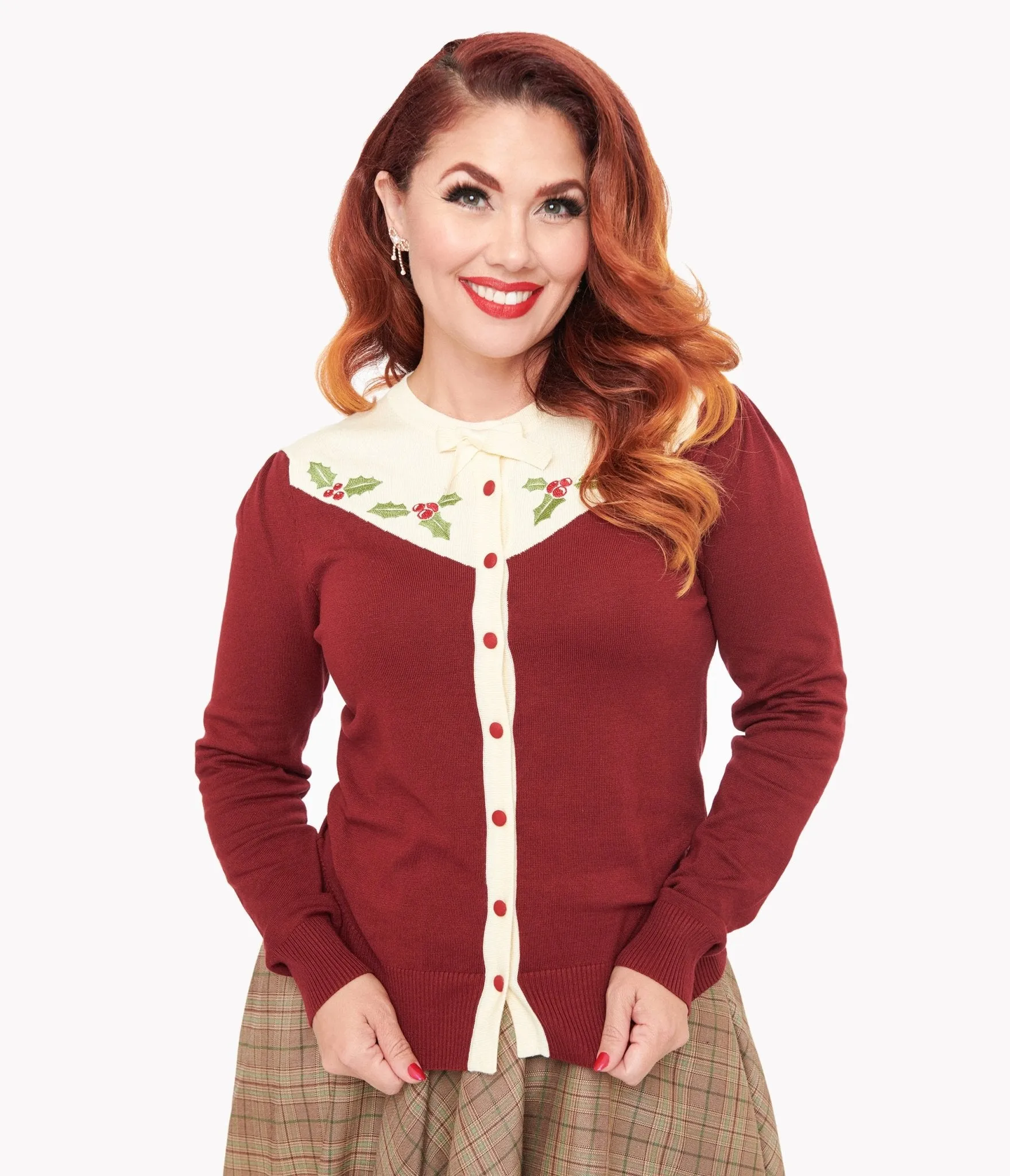 Smak Parlour 1960s Burgundy & Ivory Mistletoe Cardigan sold by Unique Vintage product image thumbnail 3