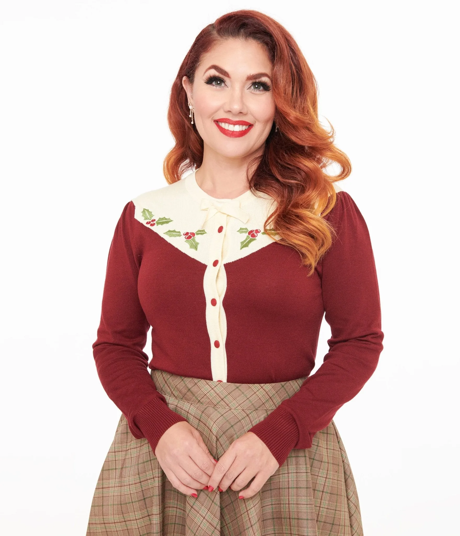 Smak Parlour 1960s Burgundy & Ivory Mistletoe Cardigan sold by Unique Vintage
