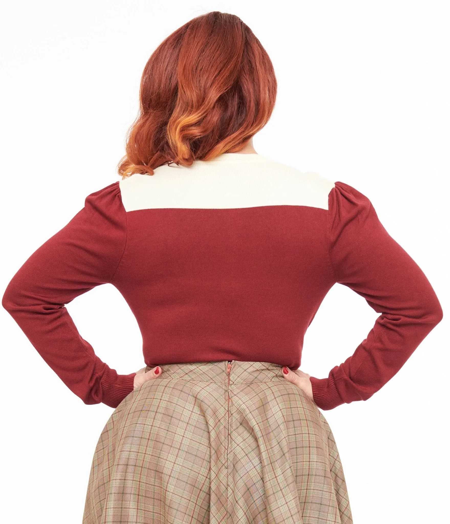 Smak Parlour 1960s Burgundy & Ivory Mistletoe Cardigan sold by Unique Vintage product image thumbnail 2