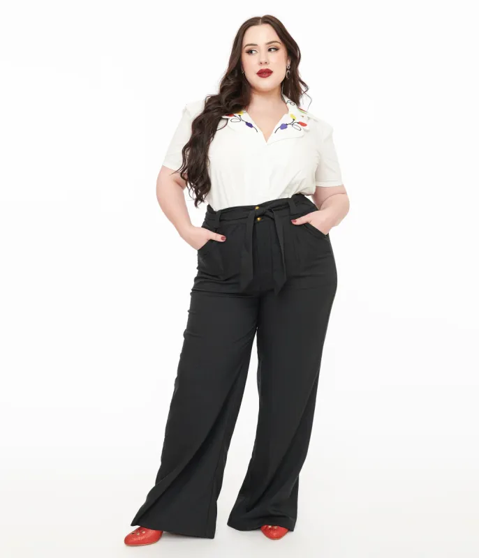 Unique Vintage Plus Size 1950s Black Wide Leg Trousers sold by Unique Vintage