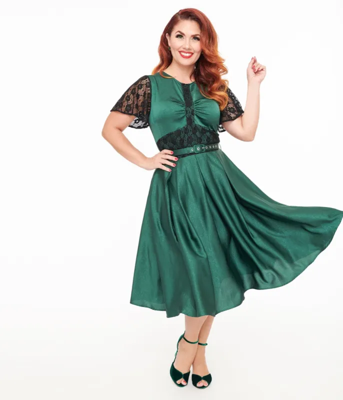 Unique Vintage 1940s Emerald Green & Black Lace Swing Dress sold by Unique Vintage