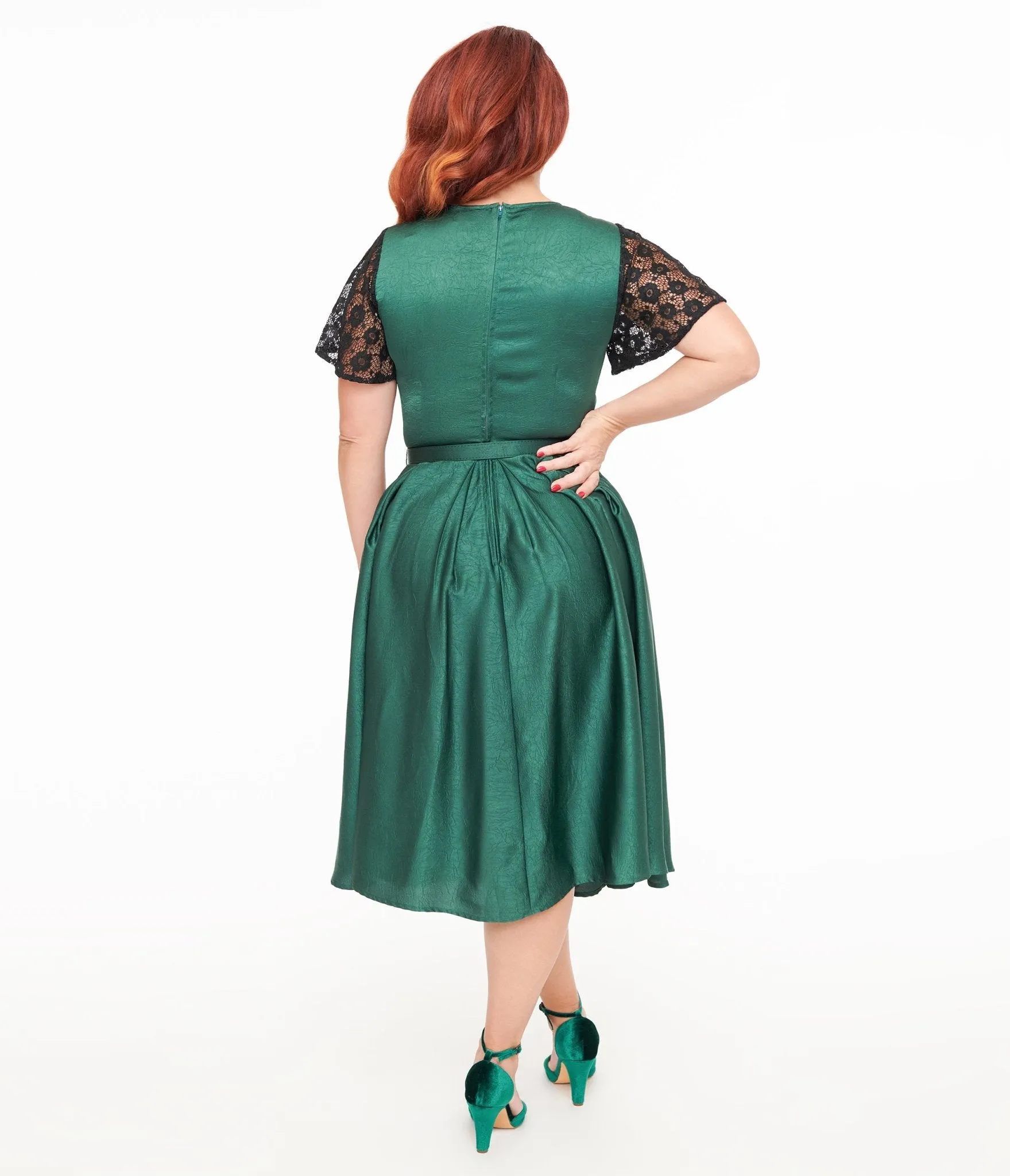 Unique Vintage 1940s Emerald Green & Black Lace Swing Dress sold by Unique Vintage product image thumbnail 2