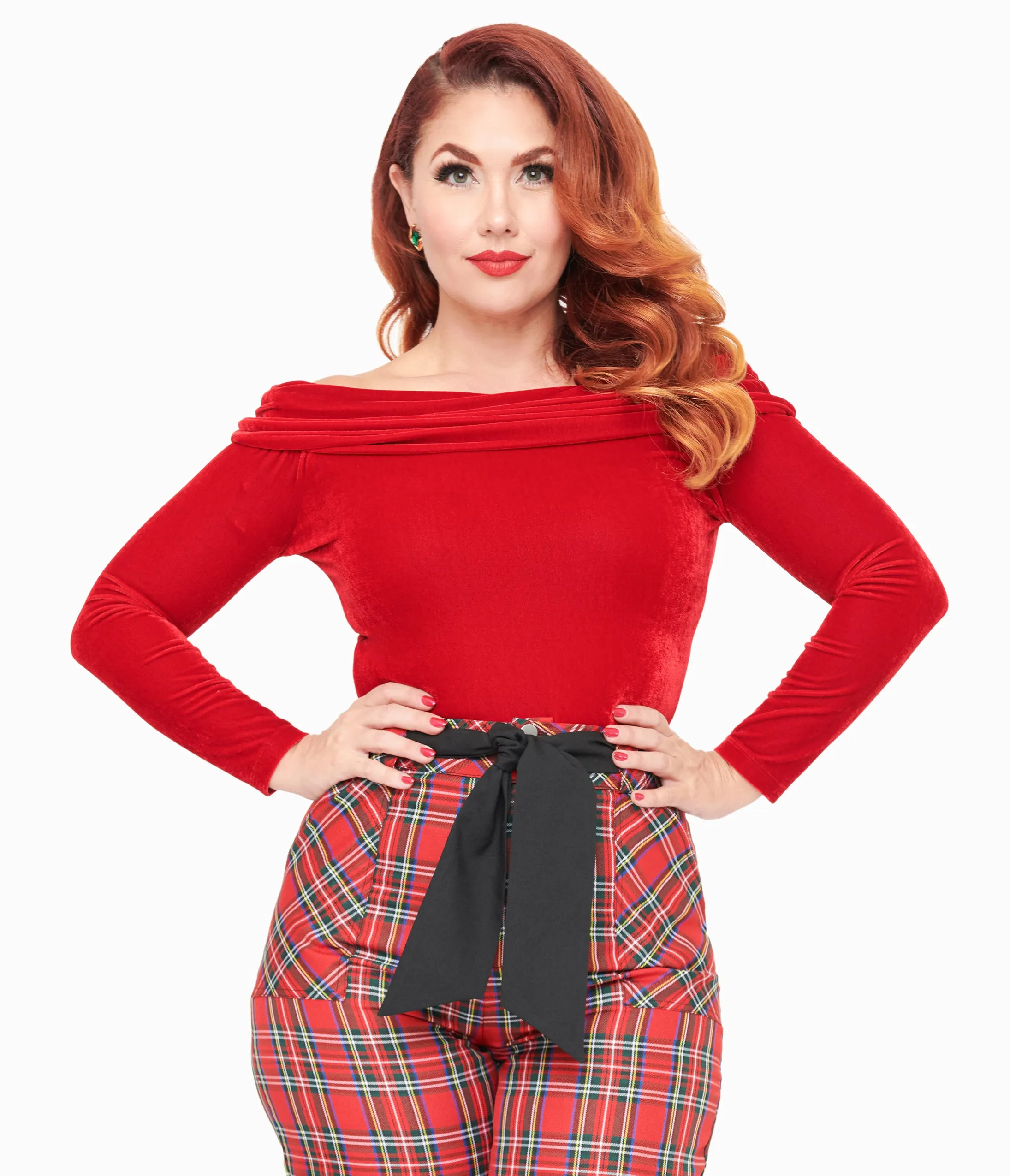 Unique Vintage 1960s Red Velvet Folded Shoulder Knit Top sold by Unique Vintage