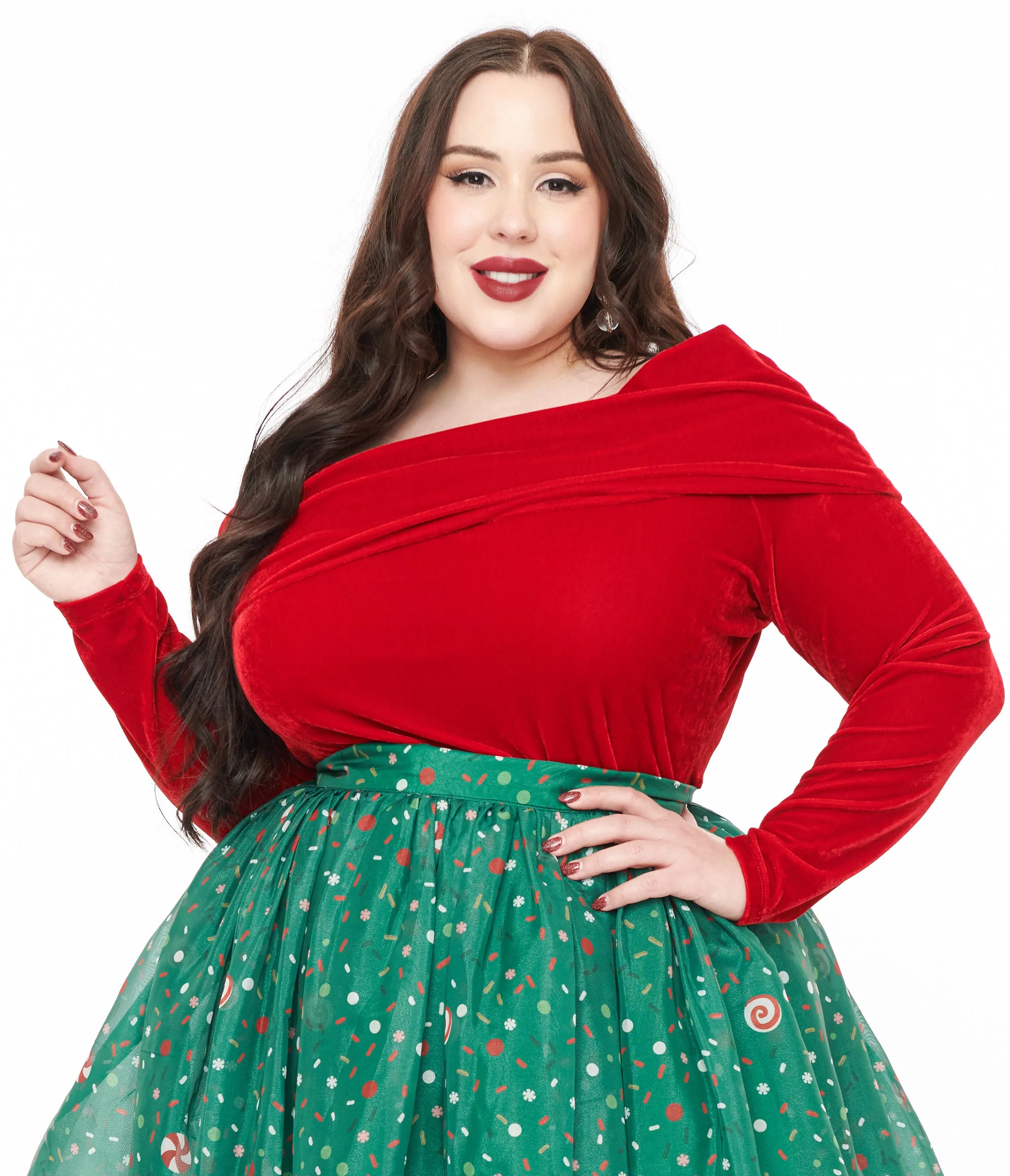 Unique Vintage Plus Size 1960s Red Velvet Folded Shoulder Knit Top sold by Unique Vintage