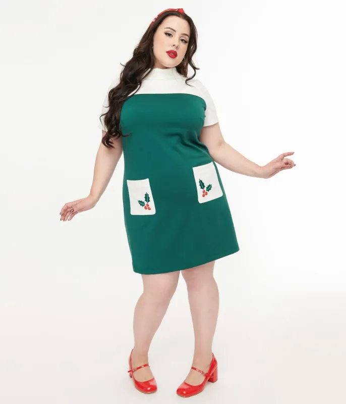 Smak Parlour Plus Size 1960s Green & White Mistletoe Pocket Shift Dress sold by Unique Vintage