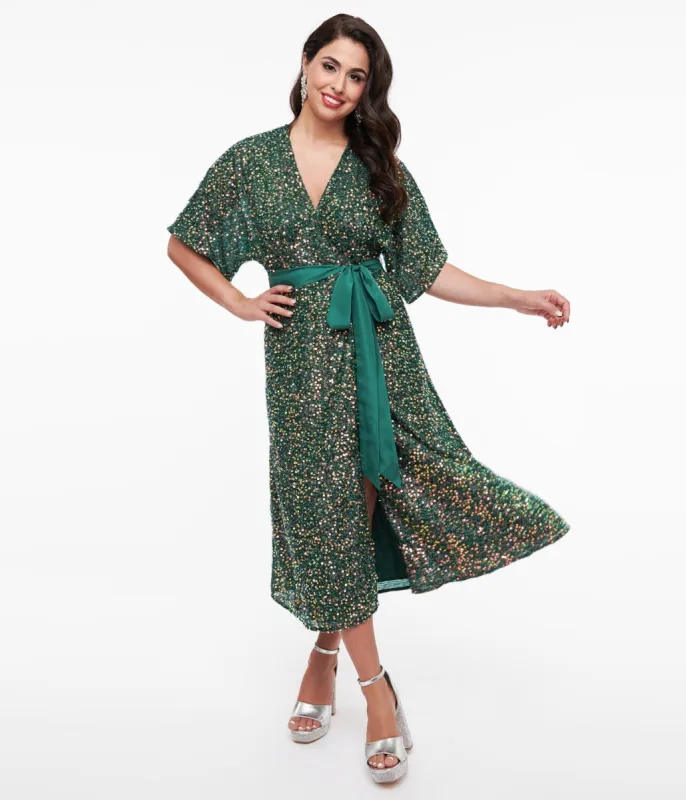 Unique Vintage 1960s Green Sequin Wrap Midi Dress sold by Unique Vintage