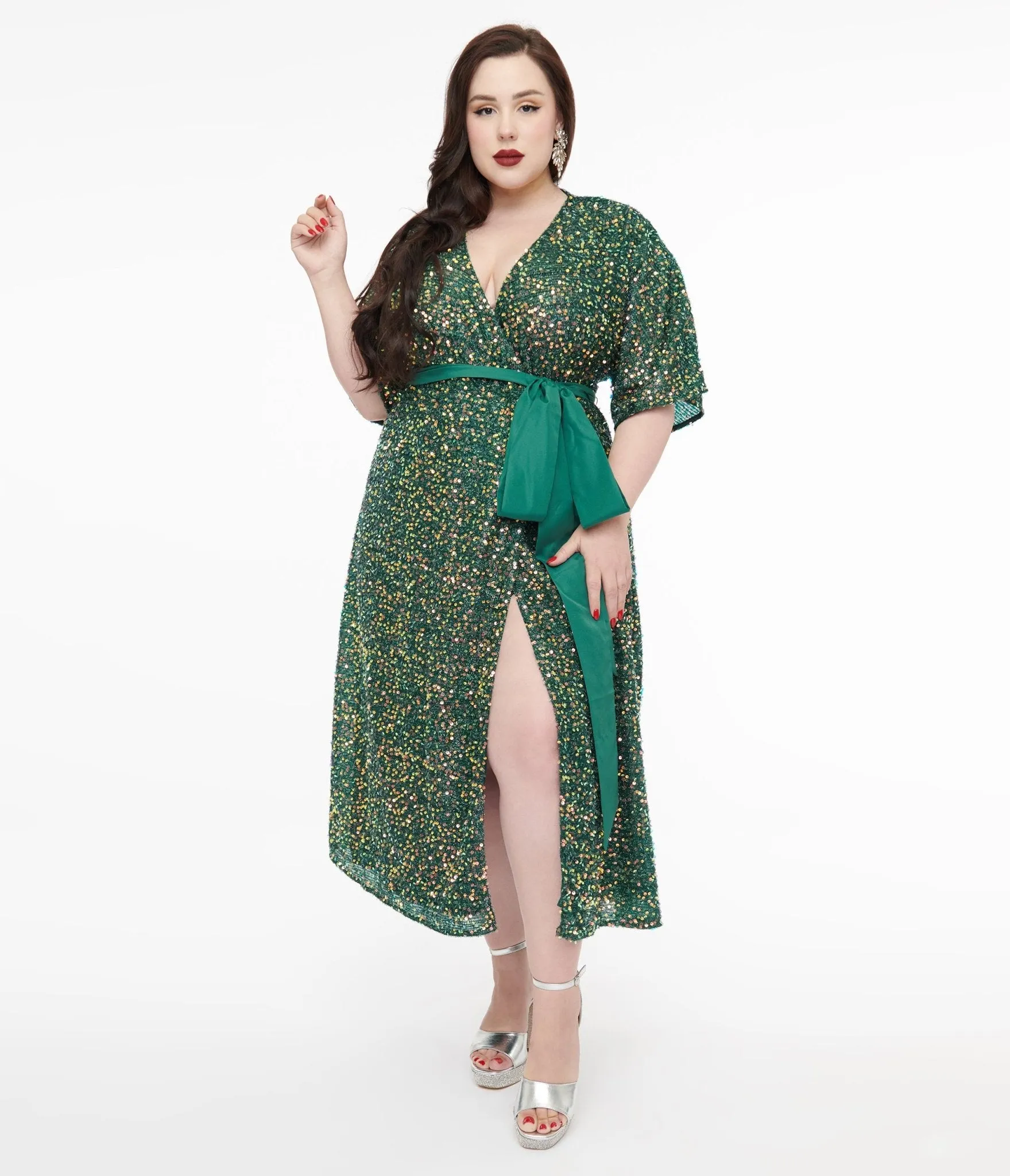 Unique Vintage Plus Size 1960s Green Sequin Wrap Midi Dress sold by Unique Vintage product image thumbnail 3