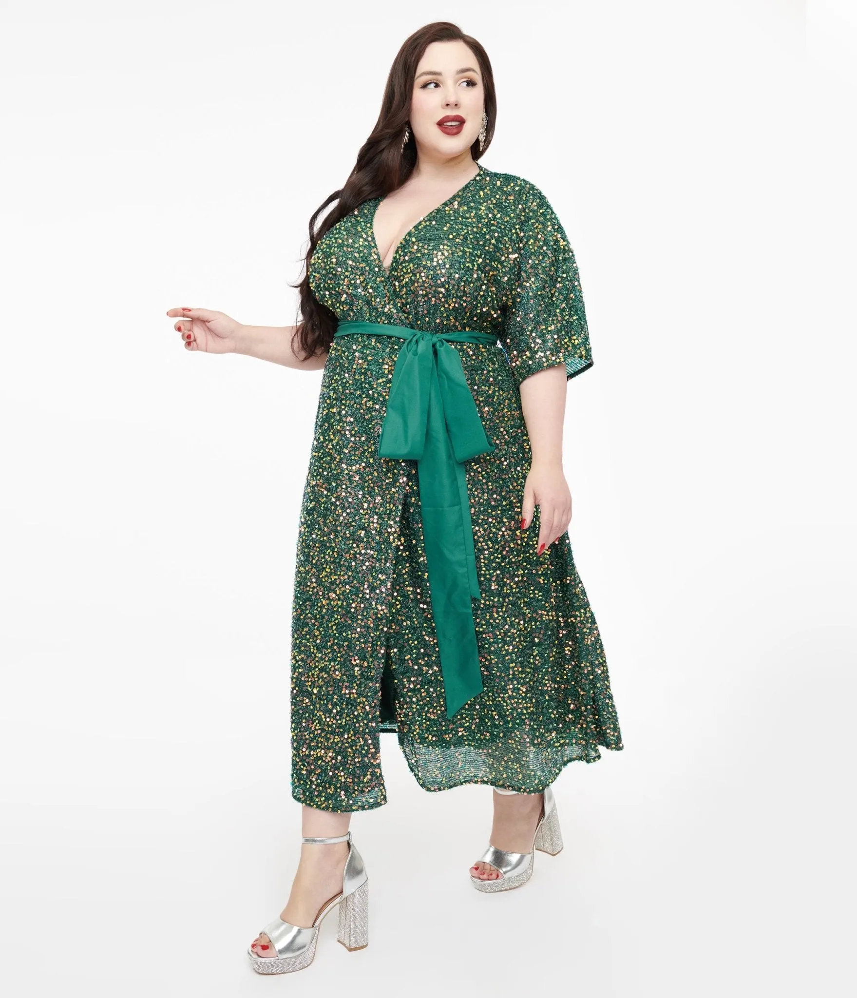 Unique Vintage Plus Size 1960s Green Sequin Wrap Midi Dress sold by Unique Vintage