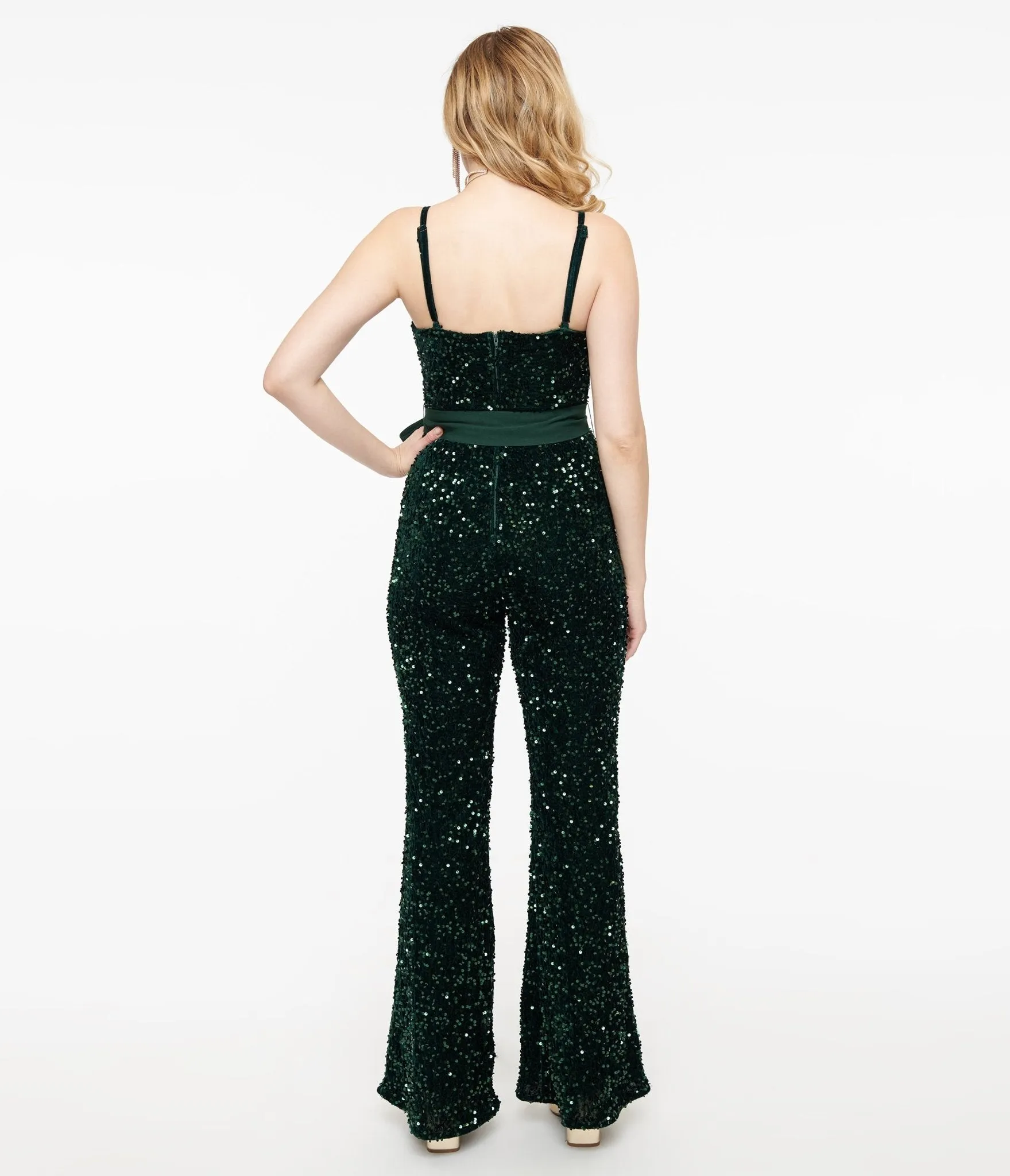 Unique Vintage 1960s Green Sequin Flare Jumpsuit sold by Unique Vintage product image thumbnail 2
