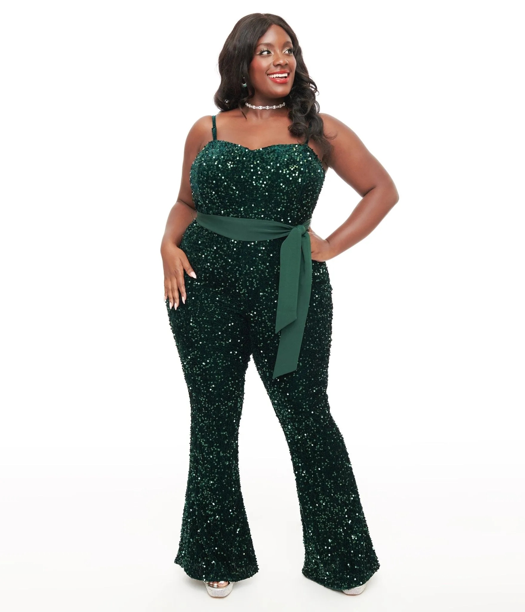Unique Vintage Plus Size 1960s Green Sequin Flare Jumpsuit sold by Unique Vintage product image thumbnail 3