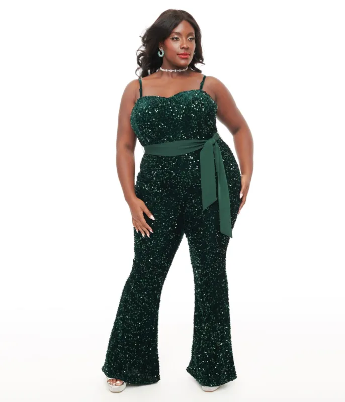 Unique Vintage Plus Size 1960s Green Sequin Flare Jumpsuit sold by Unique Vintage