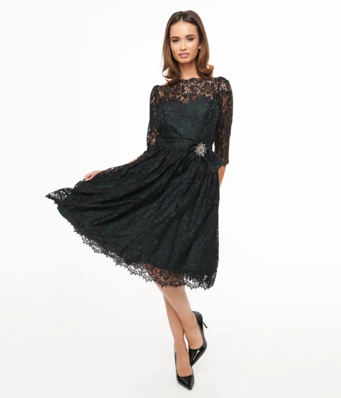 Unique Vintage 1940s Black Lace Swing Dress sold by Unique Vintage