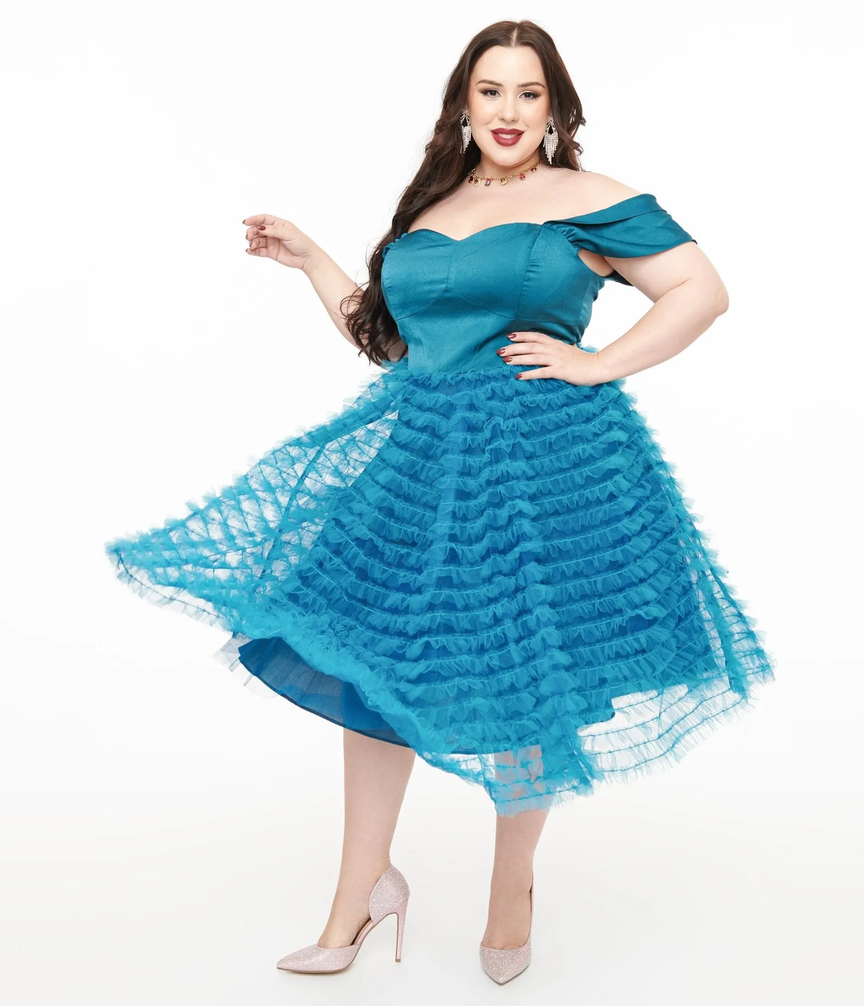 Unique Vintage Plus Size 1950s Teal Mesh Tulle Off The Shoulder Swing Dress sold by Unique Vintage product image thumbnail 3