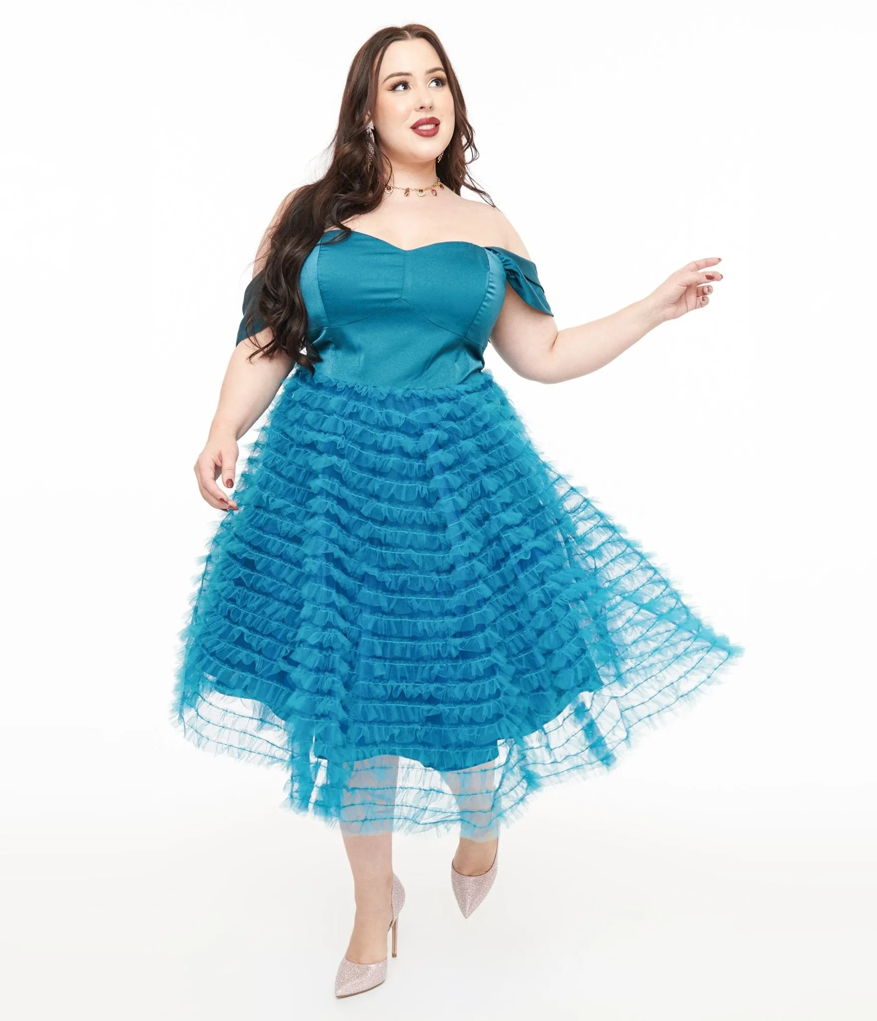 Unique Vintage Plus Size 1950s Teal Mesh Tulle Off The Shoulder Swing Dress sold by Unique Vintage