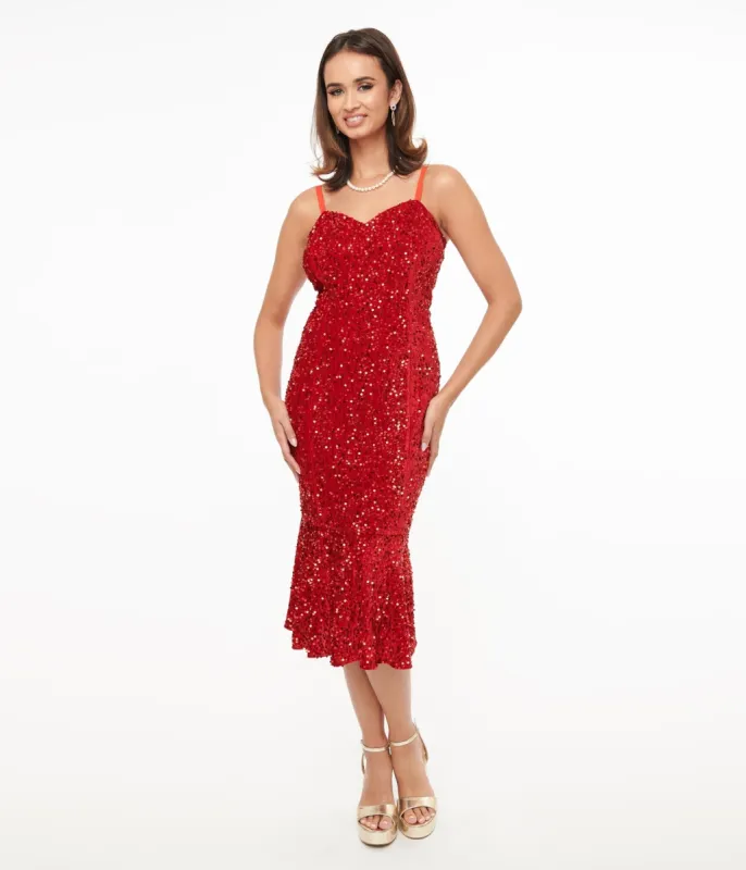 Unique Vintage 1970s Red Velvet Sequin Rizzo Wiggle Dress sold by Unique Vintage