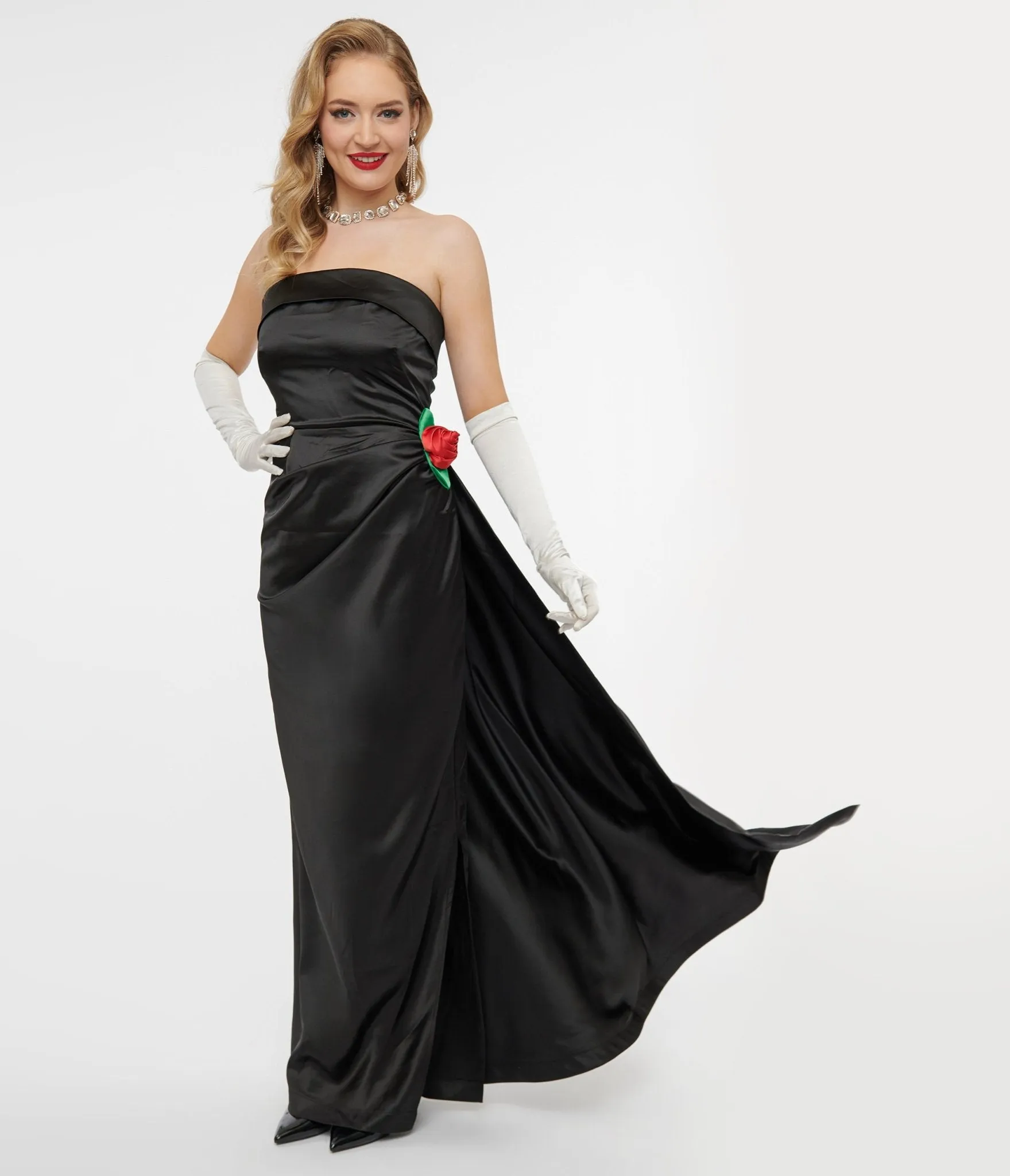 Unique Vintage 1950s Black Satin Strapless Enchanted Evening Gown sold by Unique Vintage