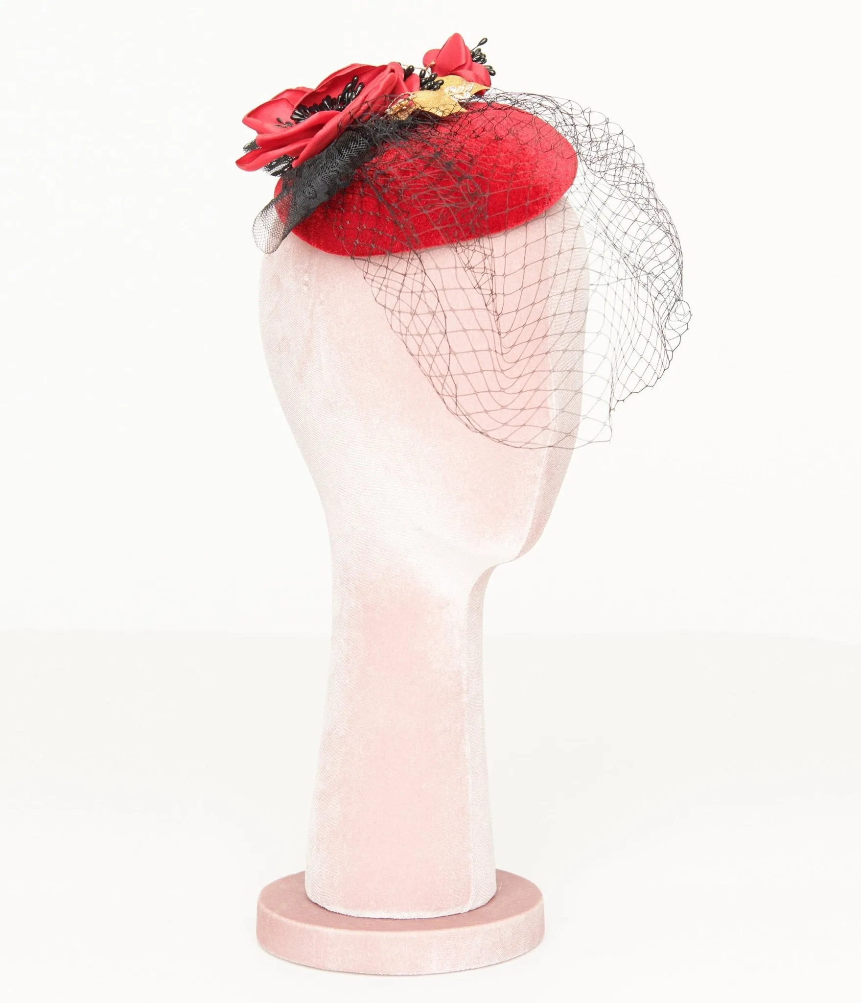 Unique Vintage 1950s Black & Red Floral Fascinator Hat sold by Unique Vintage product image thumbnail 3