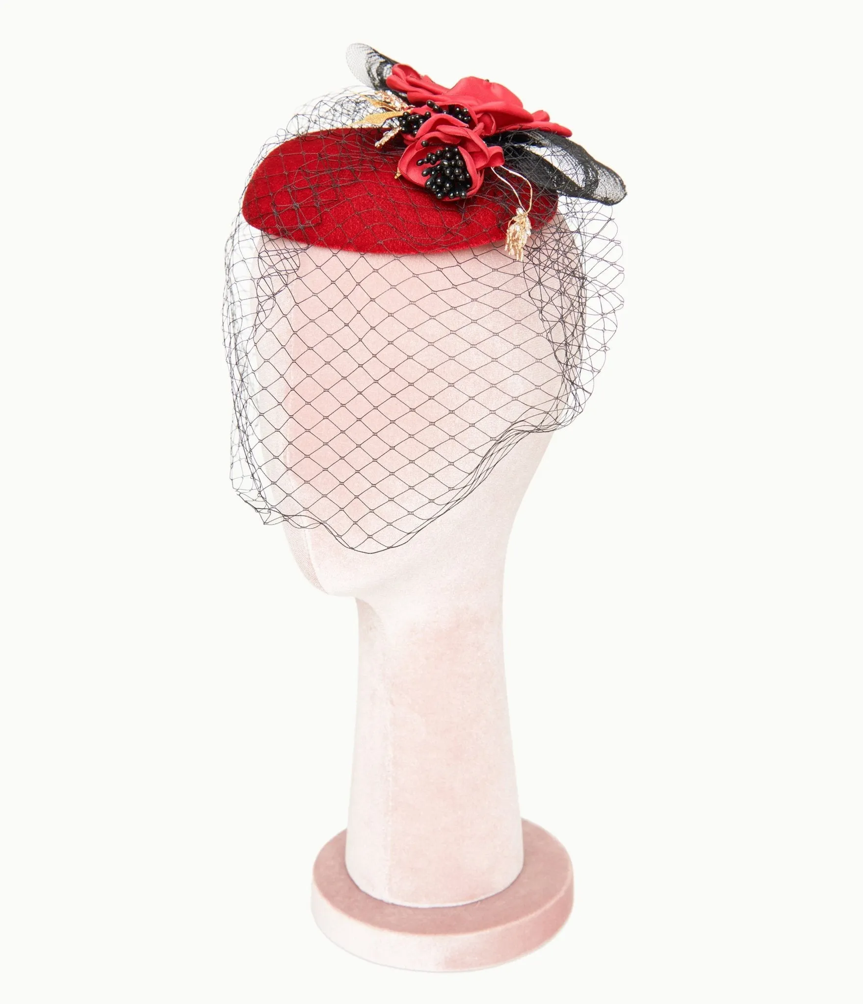 Unique Vintage 1950s Black & Red Floral Fascinator Hat sold by Unique Vintage