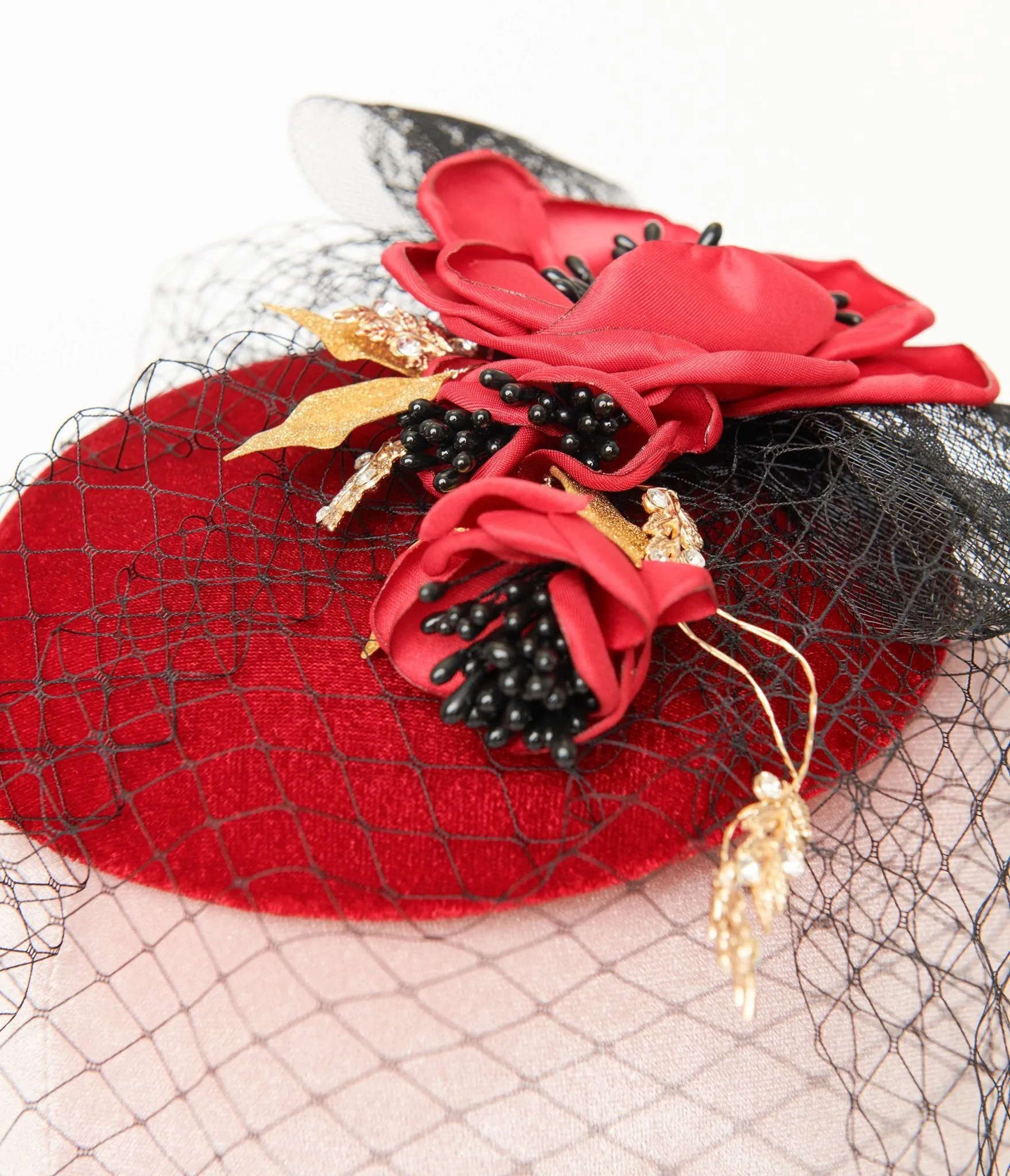 Unique Vintage 1950s Black & Red Floral Fascinator Hat sold by Unique Vintage product image thumbnail 2