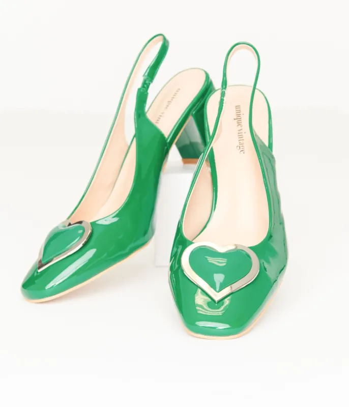 Unique Vintage Green Heart Leatherette Slingback Heels sold by Unique Vintage