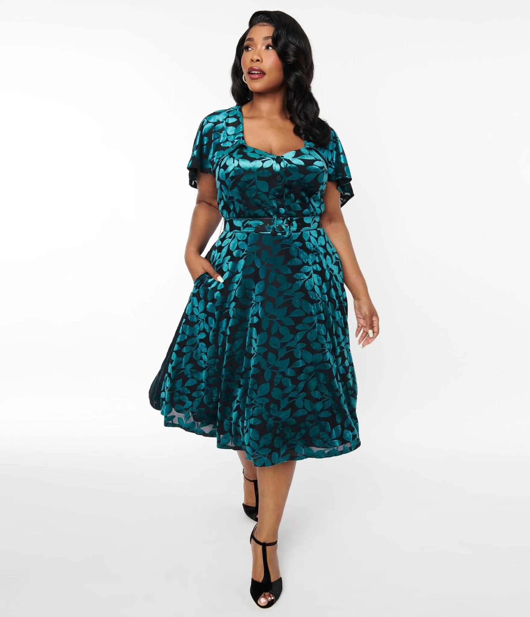 Unique Vintage Plus Size 1950s Teal & Black Velvet Burnout Capelet Swing Dress sold by Unique Vintage product image thumbnail 5