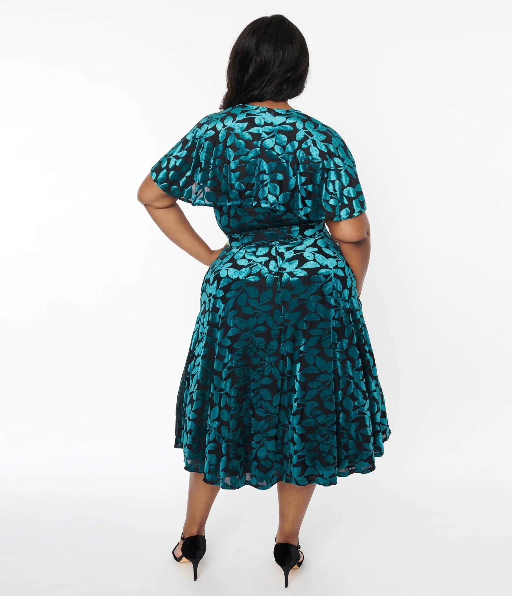 Unique Vintage Plus Size 1950s Teal & Black Velvet Burnout Capelet Swing Dress sold by Unique Vintage product image thumbnail 3