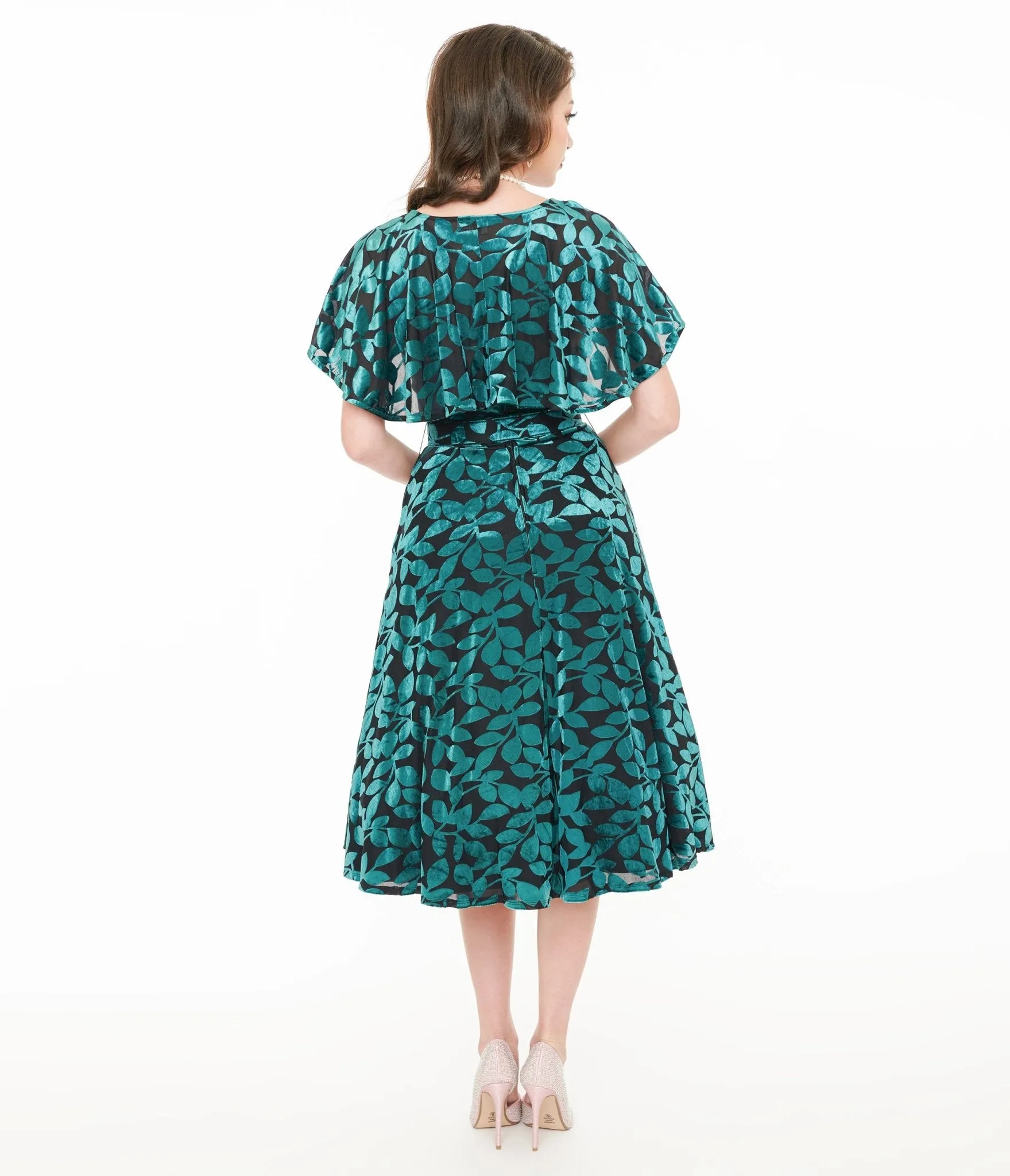 Unique Vintage 1950s Teal & Black Velvet Burnout Capelet Swing Dress sold by Unique Vintage product image thumbnail 2