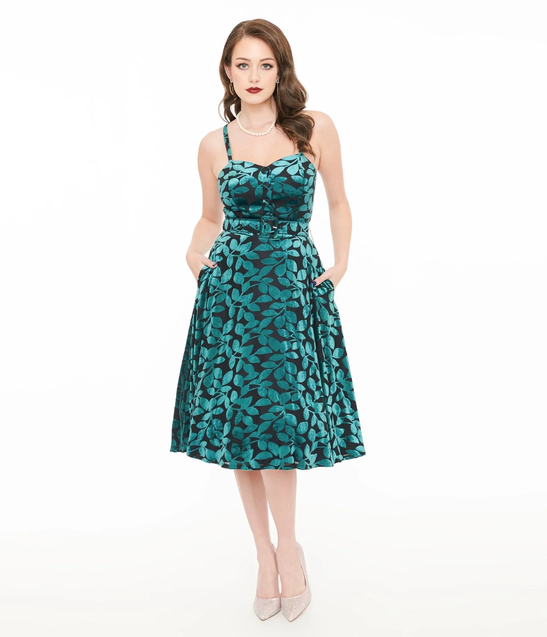 Unique Vintage 1950s Teal & Black Velvet Burnout Capelet Swing Dress sold by Unique Vintage product image thumbnail 3