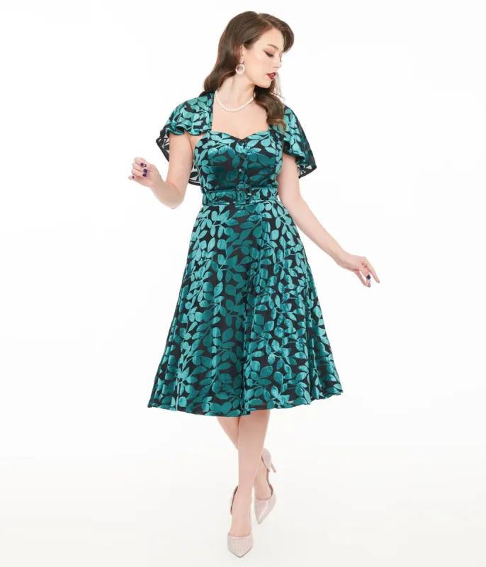 Unique Vintage 1950s Teal & Black Velvet Burnout Capelet Swing Dress sold by Unique Vintage