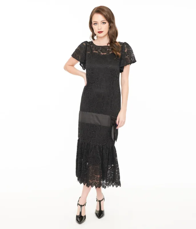 Unique Vintage 1920s Black Floral Lace & Bow Flapper Dress sold by Unique Vintage