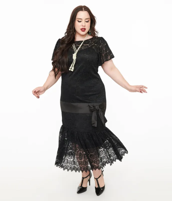 Unique Vintage Plus Size 1920s Black Floral Lace & Bow Flapper Dress sold by Unique Vintage