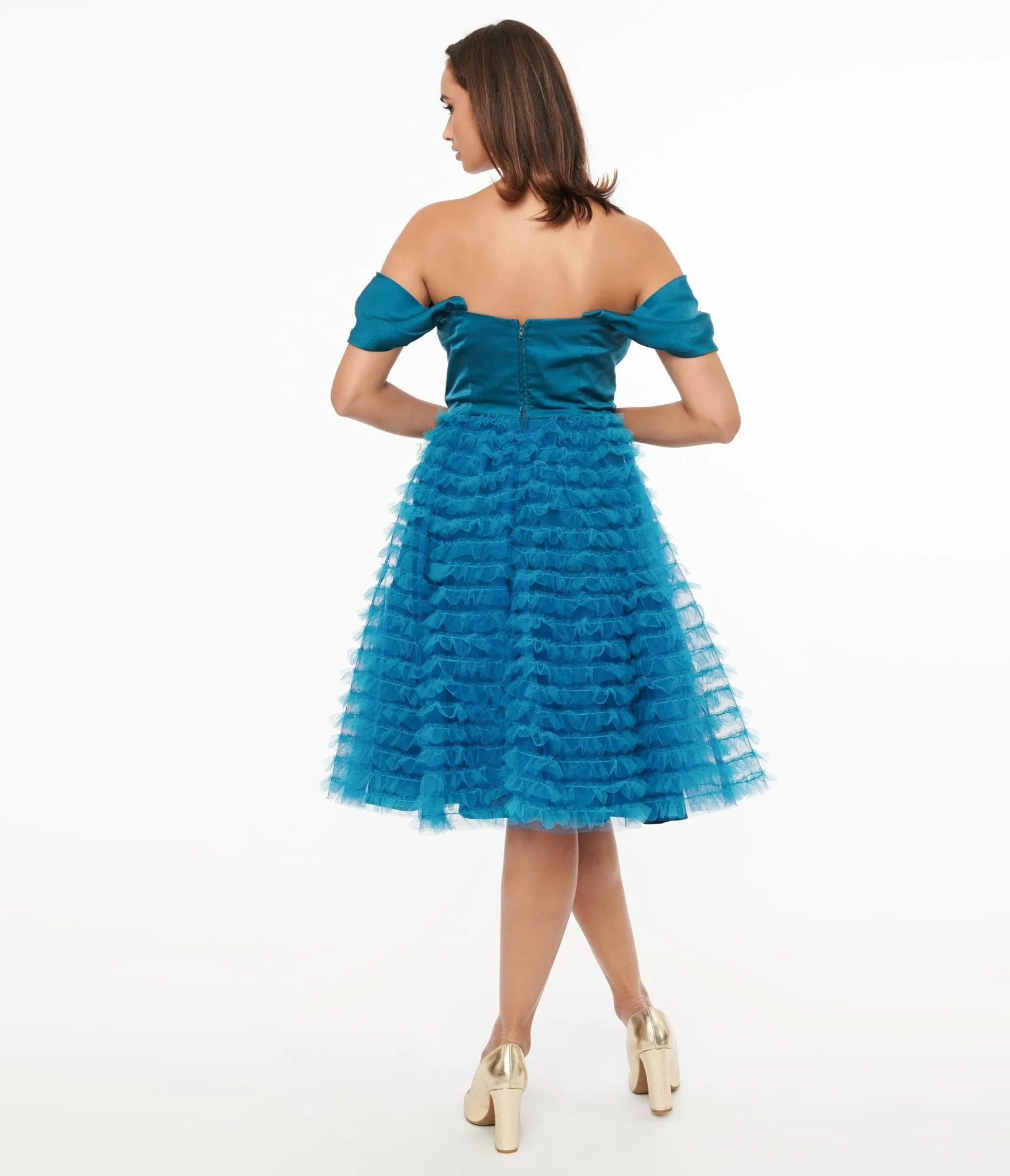 Unique Vintage 1950s Teal Mesh Tulle Off The Shoulder Swing Dress sold by Unique Vintage product image thumbnail 2
