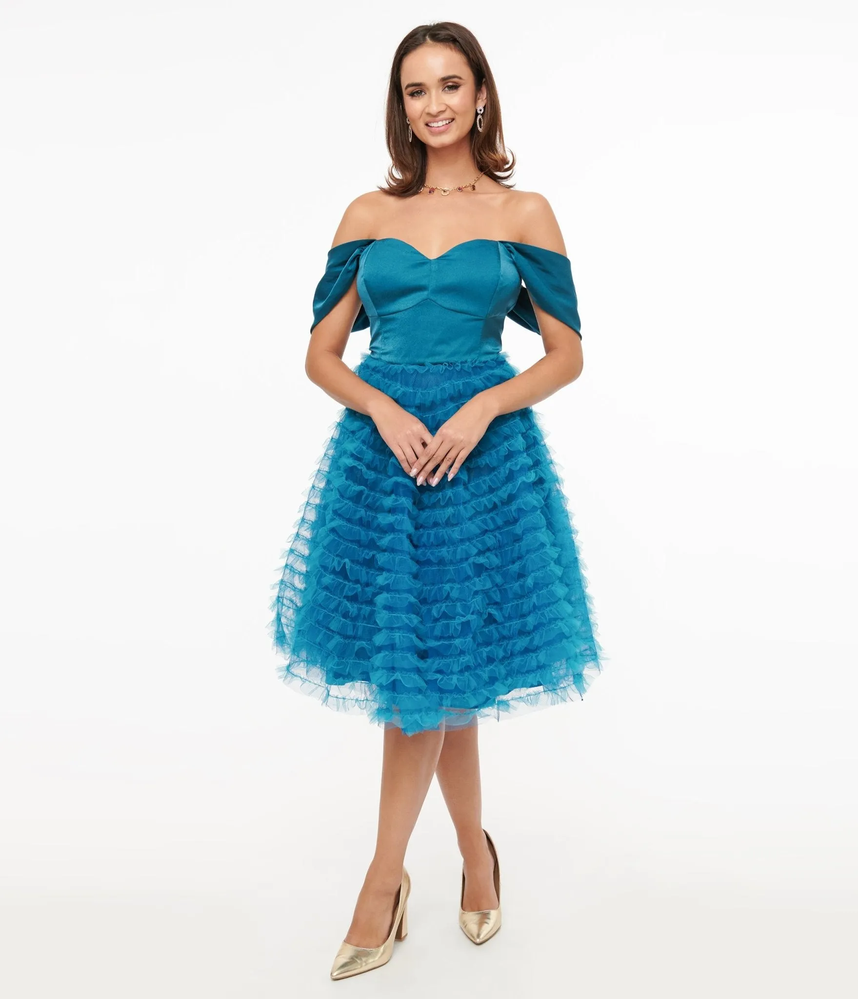 Unique Vintage 1950s Teal Mesh Tulle Off The Shoulder Swing Dress sold by Unique Vintage product image thumbnail 3